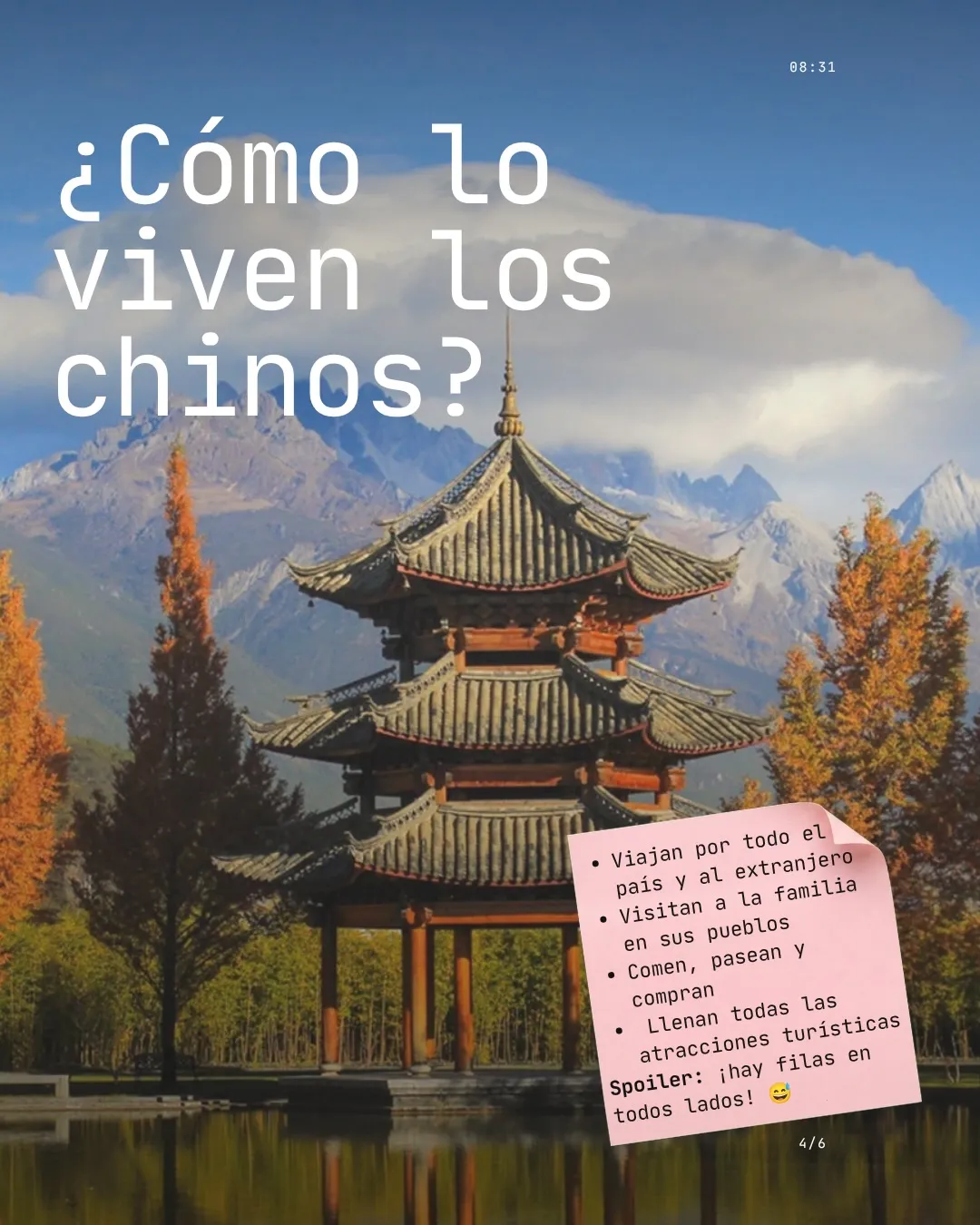 ¿Cómo lo viven los chinos? Viajan, visitan a la familia, comen, pasean, compran y llenan las atracciones turísticas.